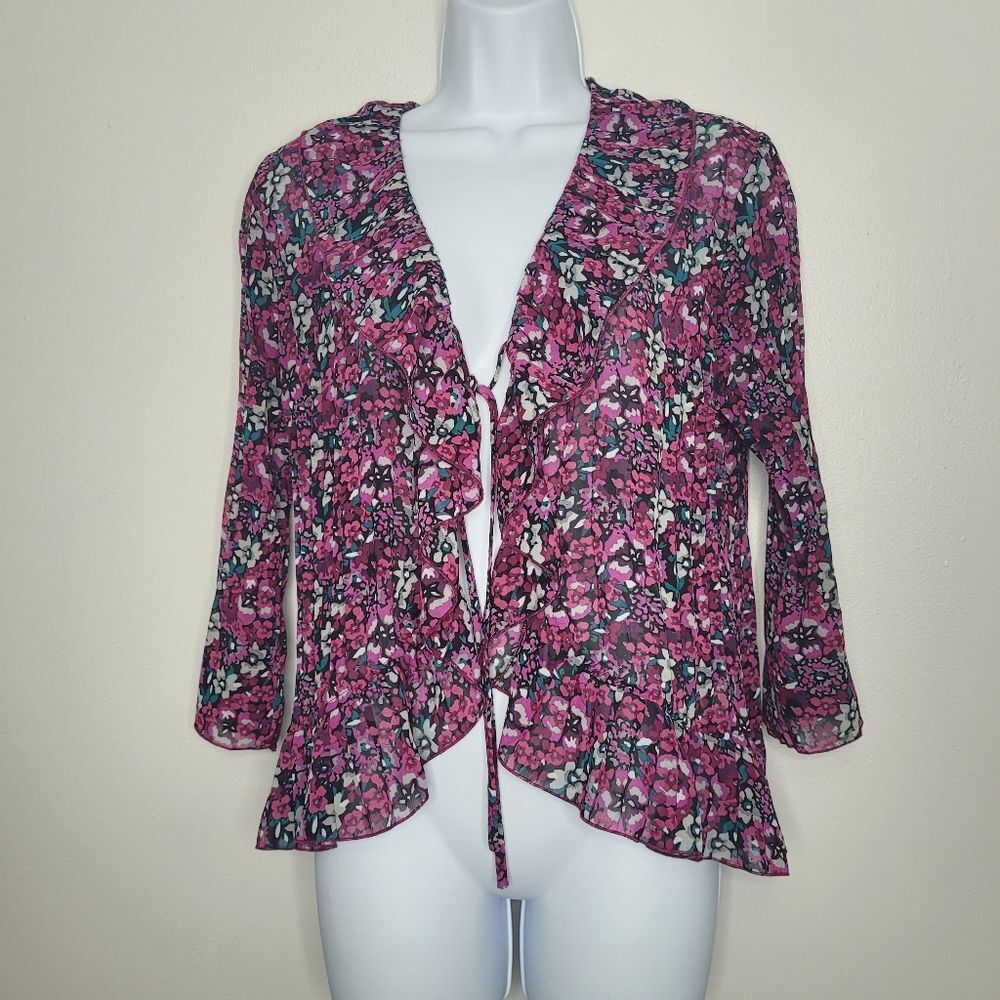 Notations pink purple ruffle tie front romantic feminine cardigan Size small